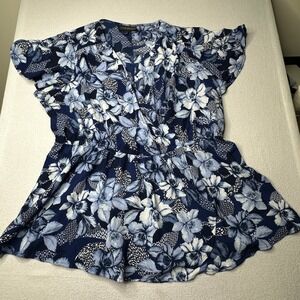 Lane Bryant Blue Floral Womens Flutter Sleeve Top Plus Size 20 V-Neck Blouse